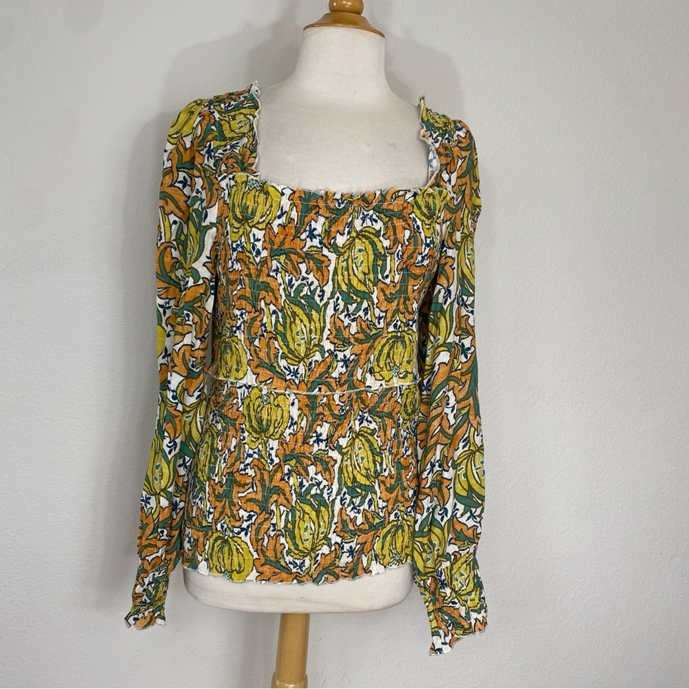 Anthropologie Women's Multicolor Floral Smock Peasant Sleeve Blouse Size XL Boho